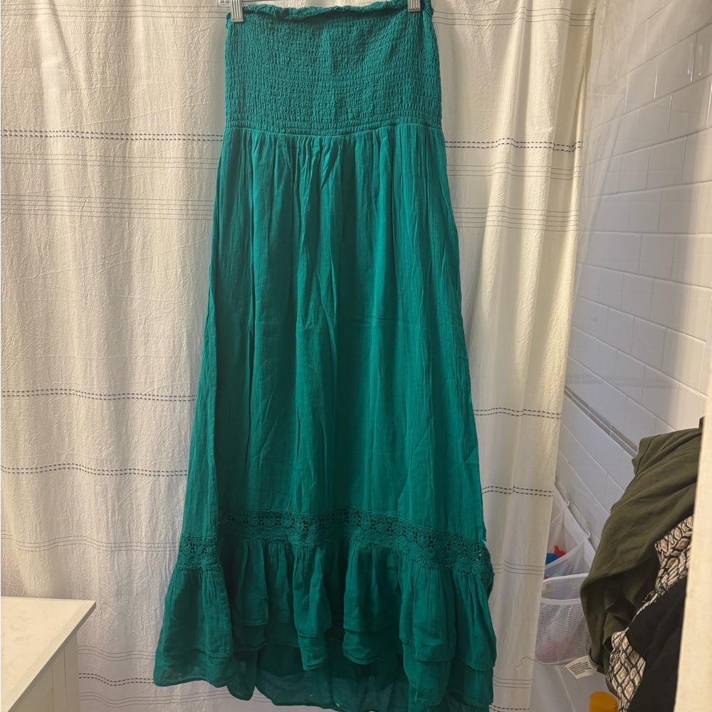 Anthropologie Maeve Green Fit and Flare Maxi dress with Ruffled Smocked-M